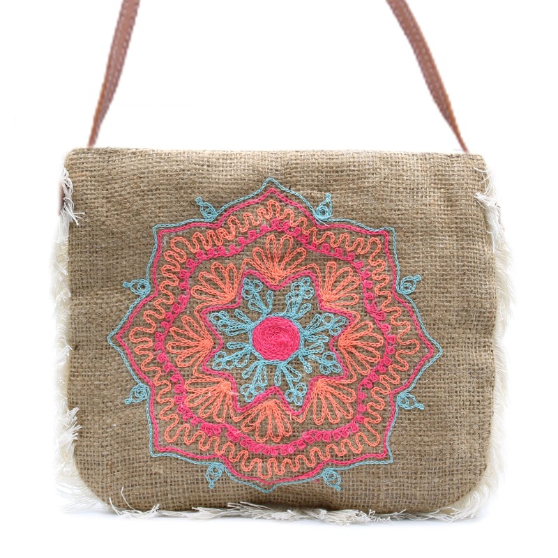 Geantă de iută cu Franjuri - Broderie Mandala