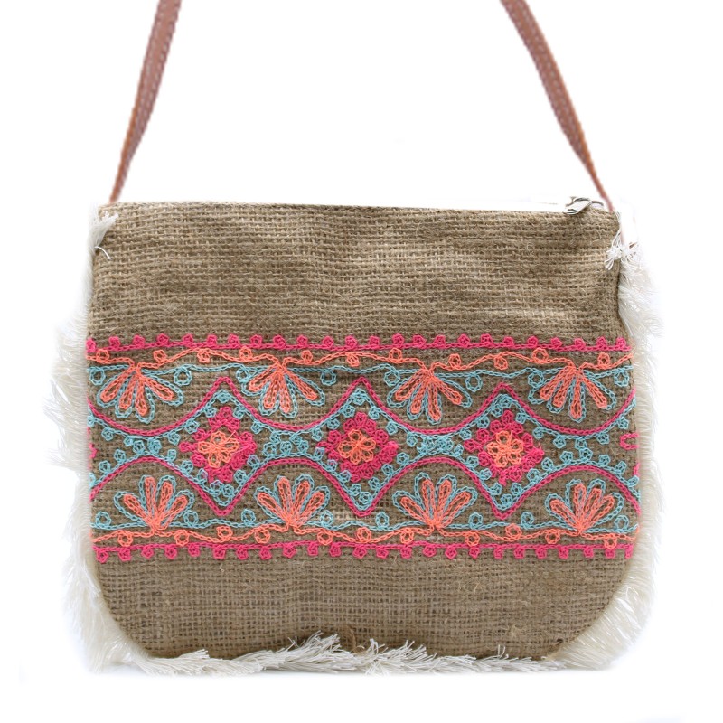 Geantă de iută cu Franjuri - Broderie Vara la țară